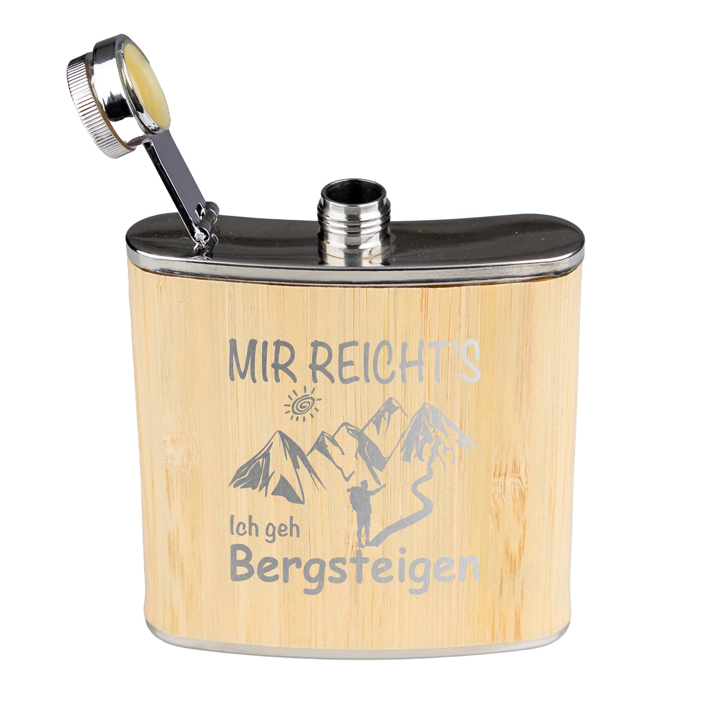 Flachmann Edelstahl Bambus - Mir reicht's Ich geh Bergsteigen - graviert