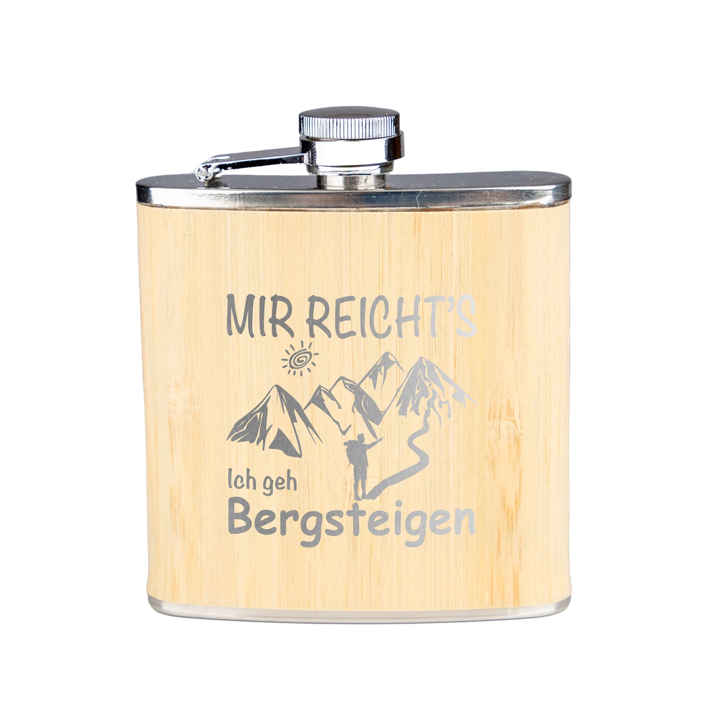 Flachmann Edelstahl Bambus - Mir reicht's Ich geh Bergsteigen - graviert