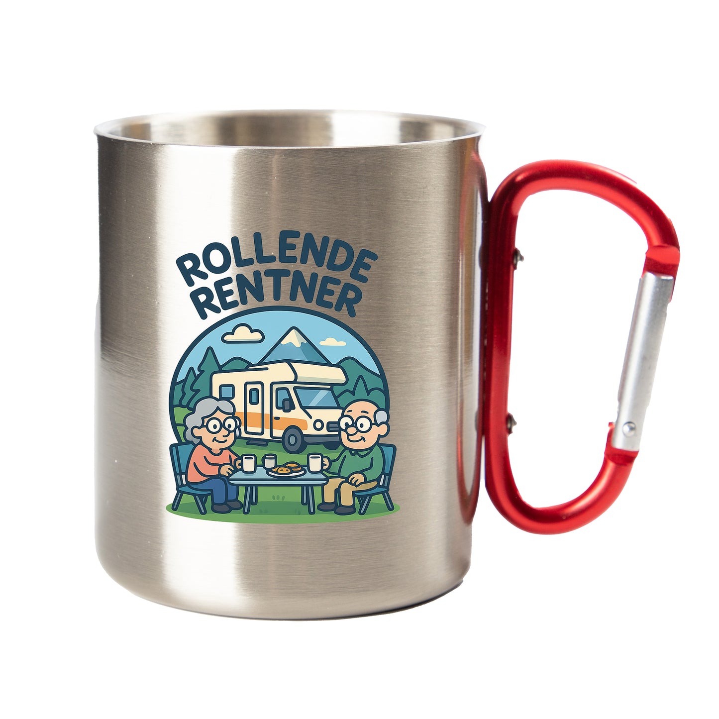 „Rollende Rentner“ Thermo-Tasse – Personalisierbarer Edelstahlbecher für Campingfreunde