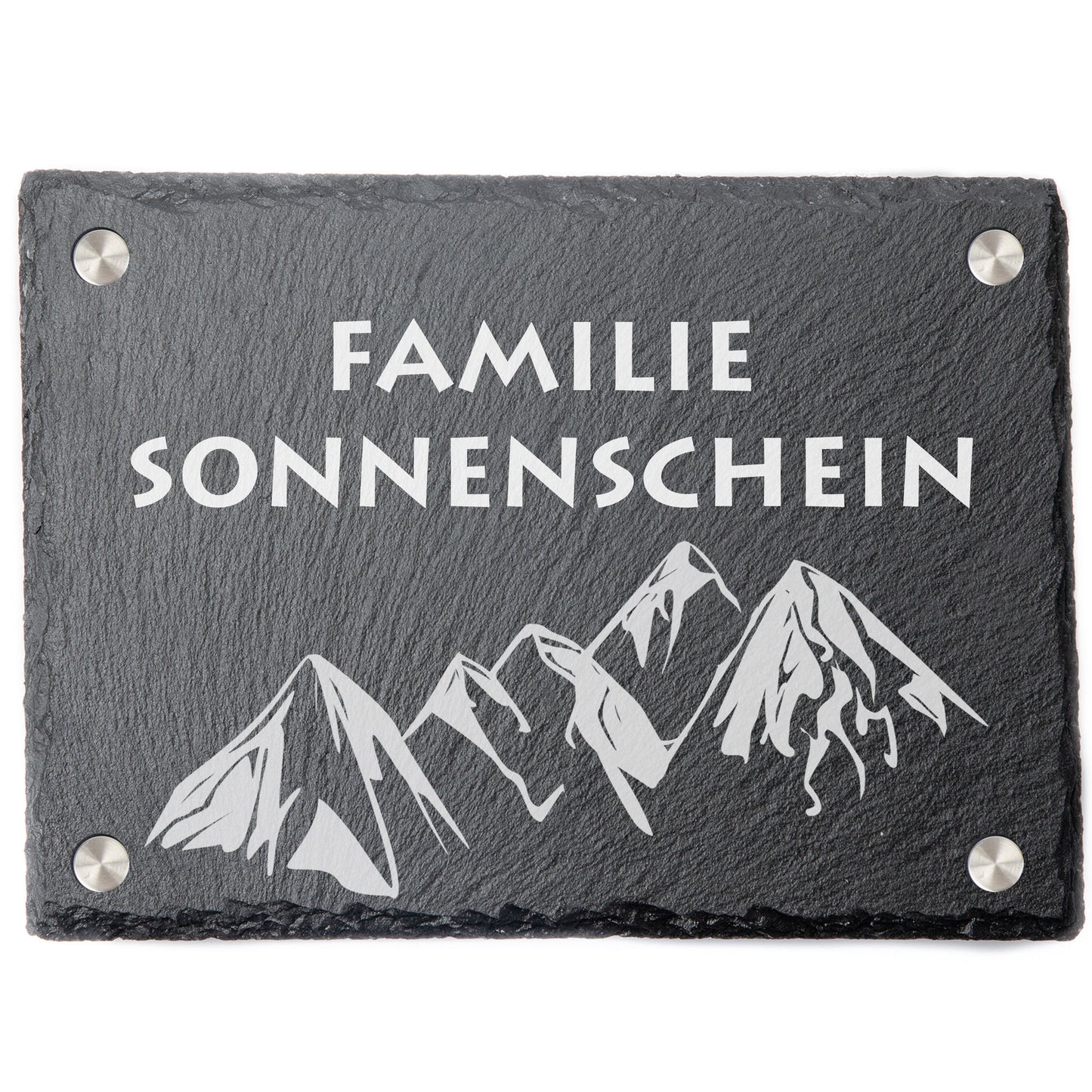 DekoAlm24 Türschild mit personalisierter Gravur - Schiefer - Bergmotiv - Edelstahl Abstandhalter