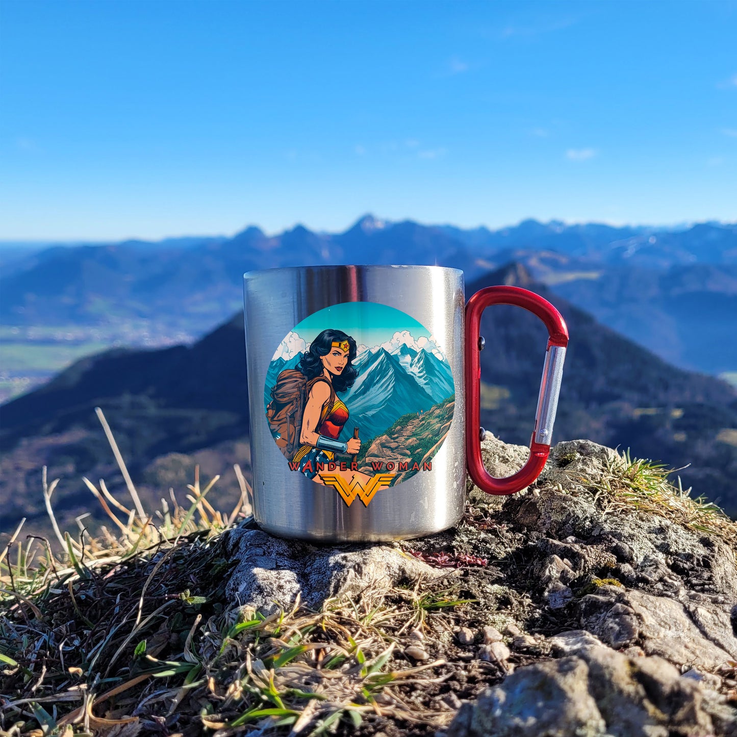 DekoAlm24 Tasse - Wanderwoman - Edelstahl mit Karabiner