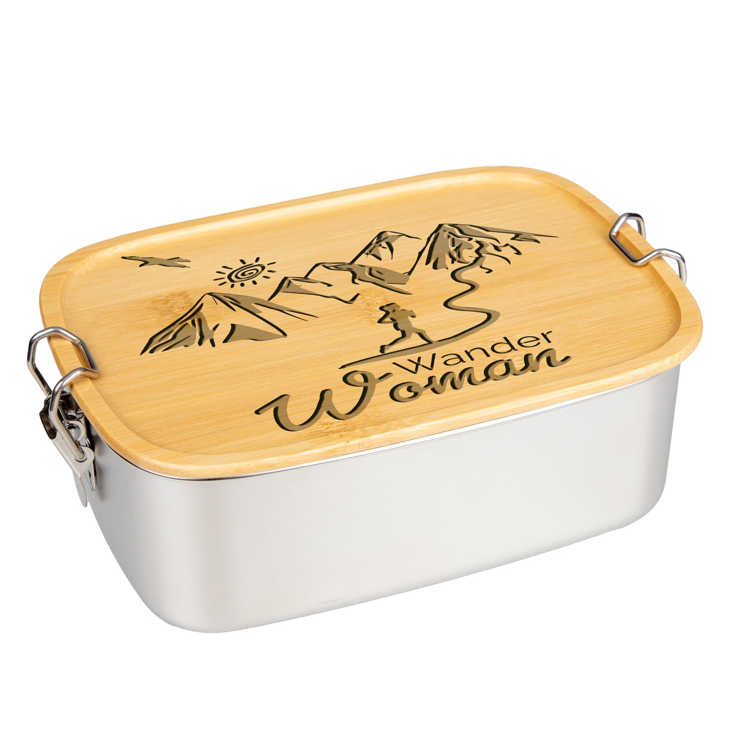 DekoAlm24 Brotdose | Lunchbox | Edelstahl mit Bambusdeckel - Wanderwoman