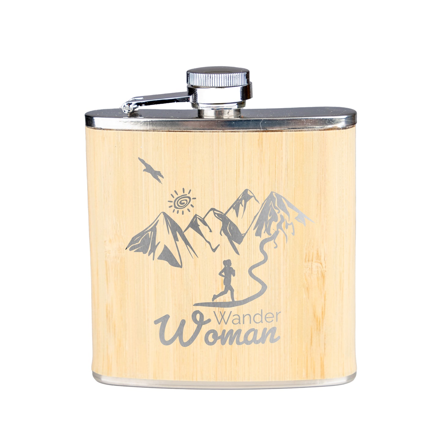 Flachmann Edelstahl Bambus - Wanderwoman - graviert