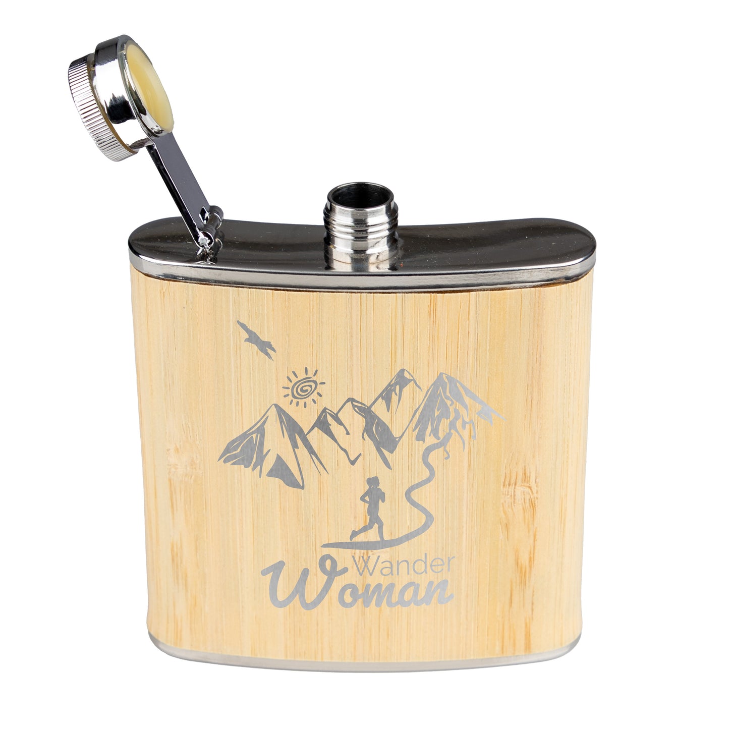 Flachmann Edelstahl Bambus - Wanderwoman - graviert