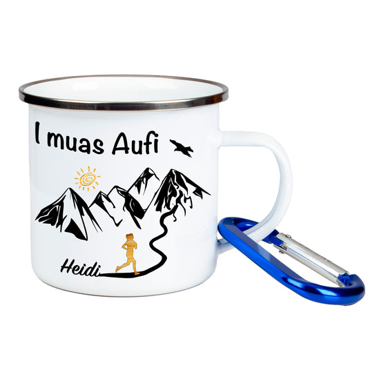 DekoAlm24 Tasse - I muas Aufi - personalisiert - Emaille (Silber)