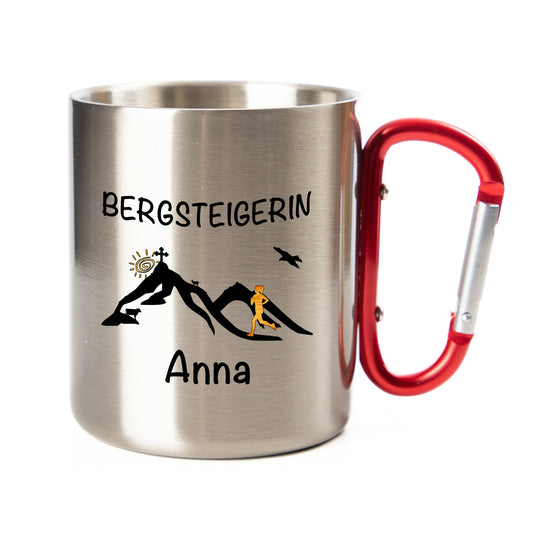 Tasse | Thermo-Becher mit Karabiner - Bergsteigerin | Frau - personalisiert