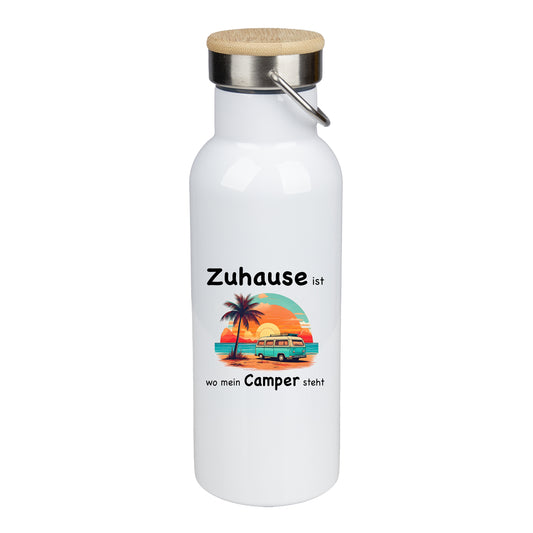 Edelstahl Trinkflasche 500ml mit Bambusdeckel | Zuhause ist wo mein Camper steht