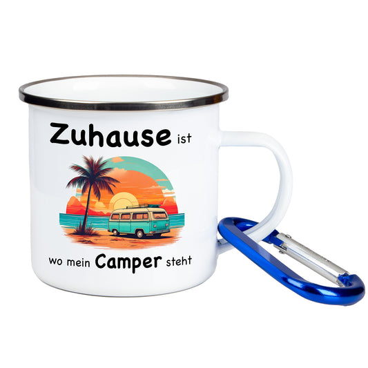 DekoAlm24 Tasse - Zuhause ist wo mein Camper steht - Emaille (Silber)