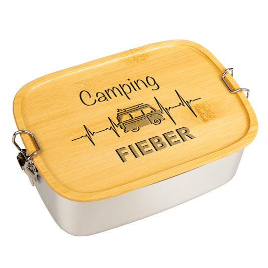 DekoAlm24 Brotdose | Lunchbox | Edelstahl mit Bambusdeckel - Camping Fieber