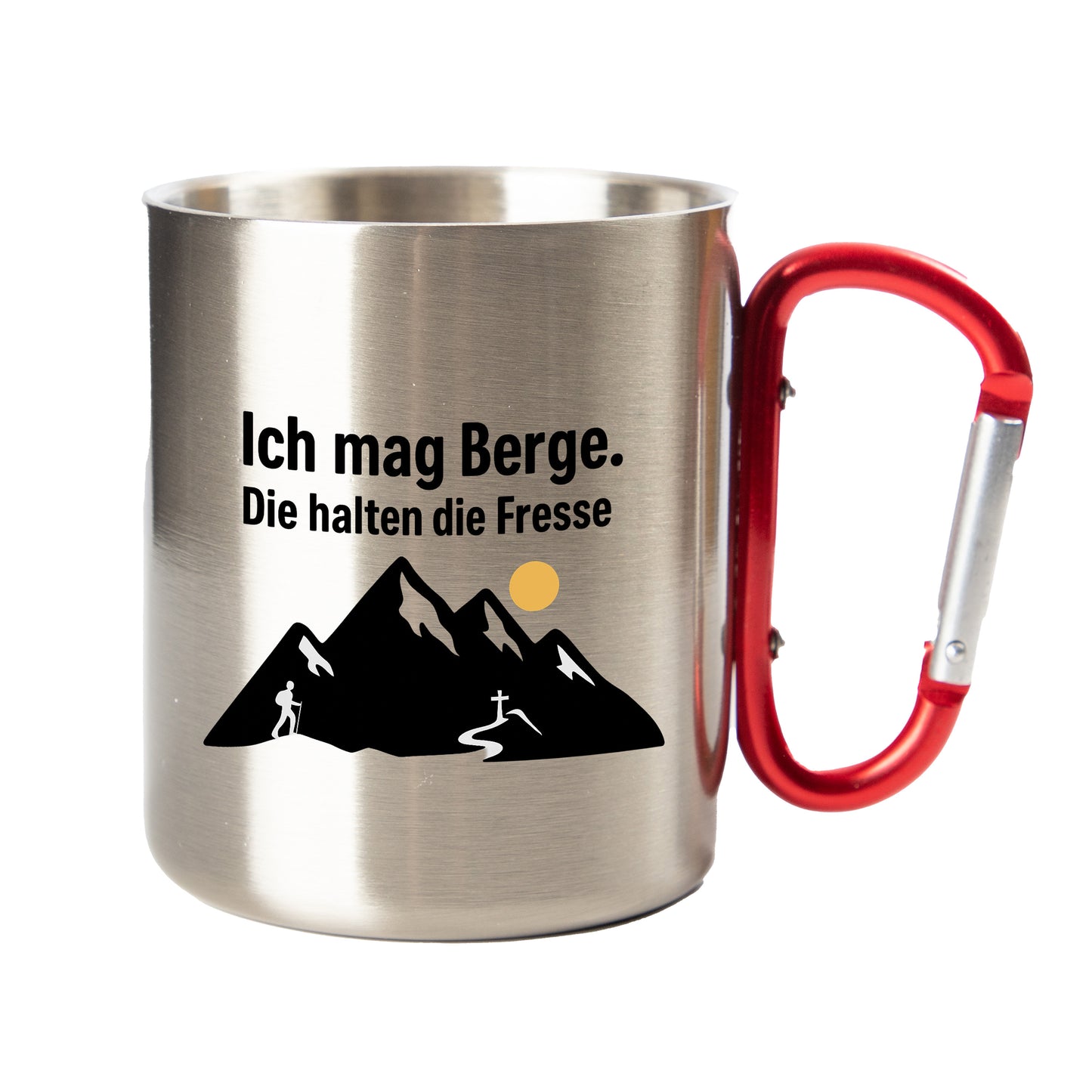 Edelstahl Thermobecher mit Karabiner – Ich mag Berge. Die halten die Fresse.
