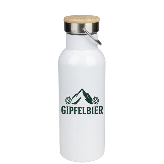 Edelstahl Thermoflasche „Gipfelbier“ – 500 ml | Isolierflasche mit Bambusdeckel