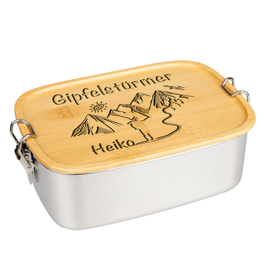 DekoAlm24 Brotdose | Lunchbox | Edelstahl mit Bambusdeckel | personalisiert - Gipfelstürmer