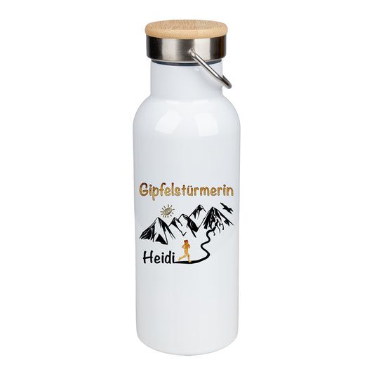 Edelstahl Trinkflasche 500ml mit Bambusdeckel | Gipfelstürmerin | personalisiert