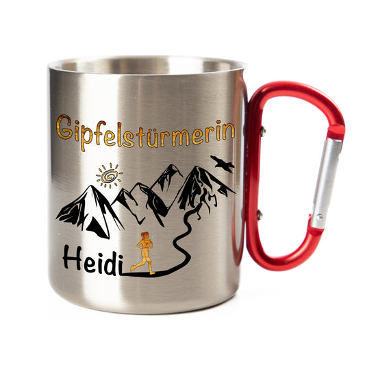 Tasse | Thermo-Becher mit Karabiner - Gipfelstürmerin - personalisiert