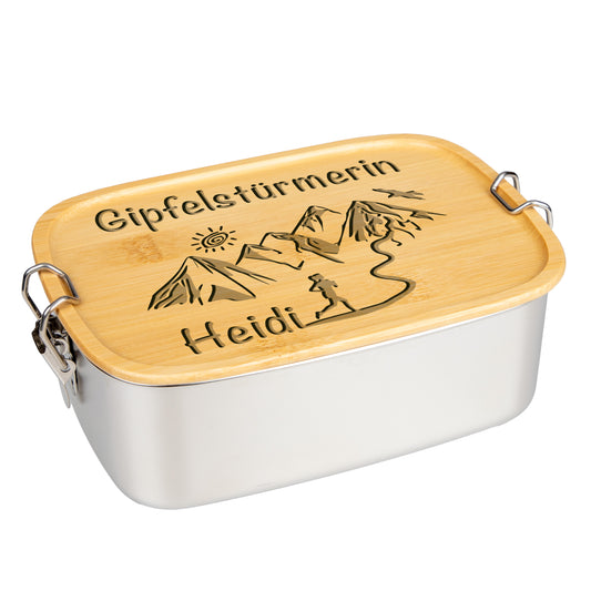 DekoAlm24 Brotdose | Lunchbox | Edelstahl mit Bambusdeckel | personalisiert - Gipfelstürmerin