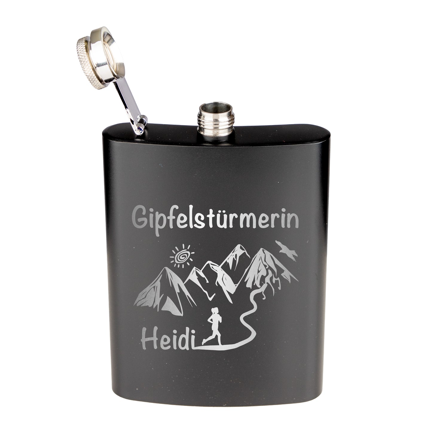 Flachmann Edelstahl - Gipfelstürmerin - personalisiert / graviert / schwarz