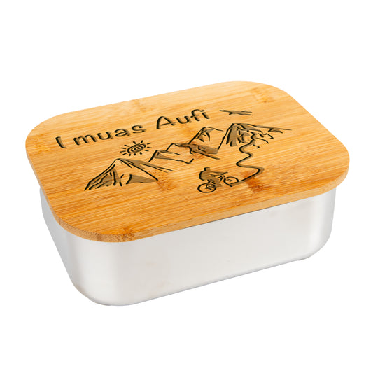DekoAlm24 Lunchbox - I muas Aufi - MTB - aus Edelstahl mit Bambusdeckel & Spannband