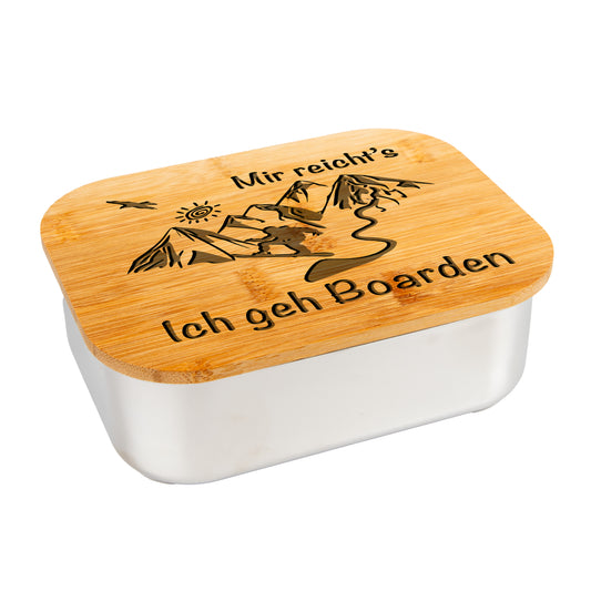 DekoAlm24 Lunchbox - Mir reicht's Ich geh Boarden - aus Edelstahl mit Bambusdeckel & Spannband