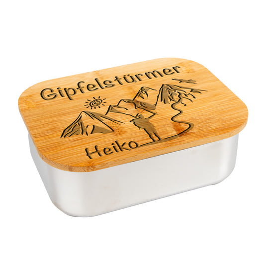 DekoAlm24 Lunchbox / Brotdose - Gipfelstürmer - aus Edelstahl mit Bambusdeckel & Spannband -personalisiert