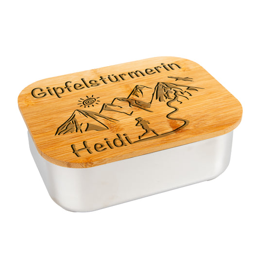 DekoAlm24 Lunchbox / Brotdose - Gipfelstürmerin - aus Edelstahl mit Bambusdeckel & Spannband -personalisiert