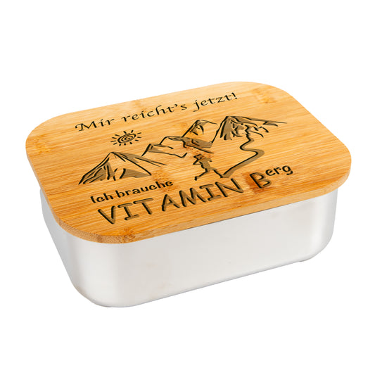 DekoAlm24 Lunchbox - Mir reicht's jetzt Ich brauche Vitamin Berg - aus Edelstahl mit Bambusdeckel & Spannband