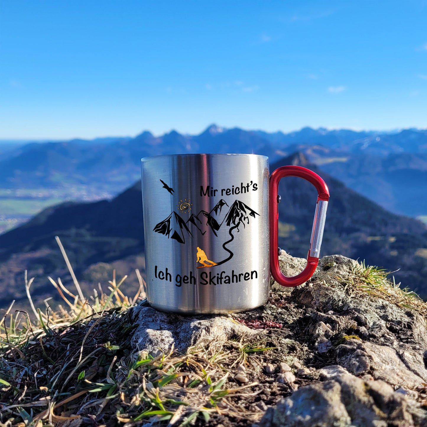 DekoAlm24 Tasse - Mir reicht´s - ich geh Skifahren - Edelstahl mit Karabiner