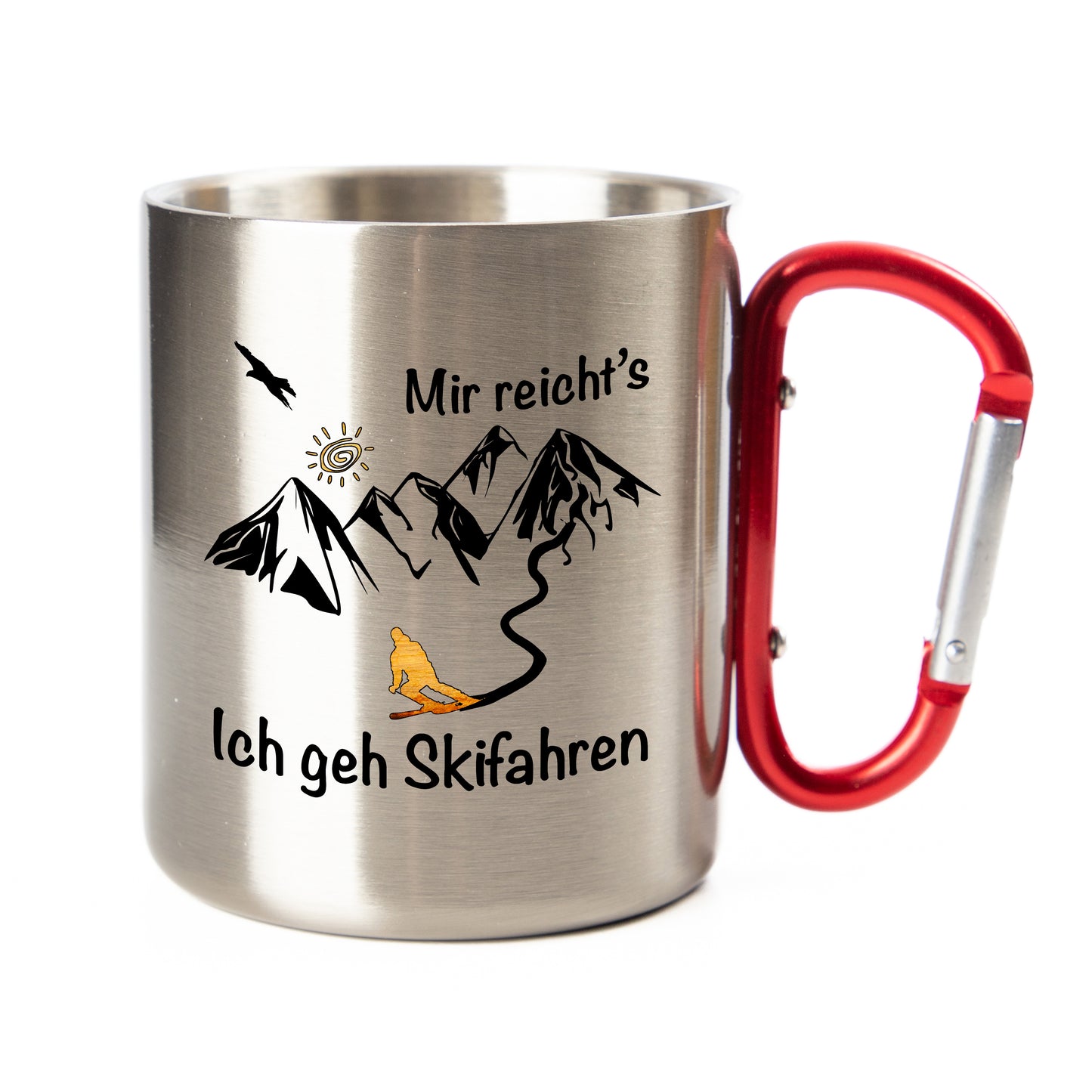 DekoAlm24 Tasse - Mir reicht´s - ich geh Skifahren - Edelstahl mit Karabiner