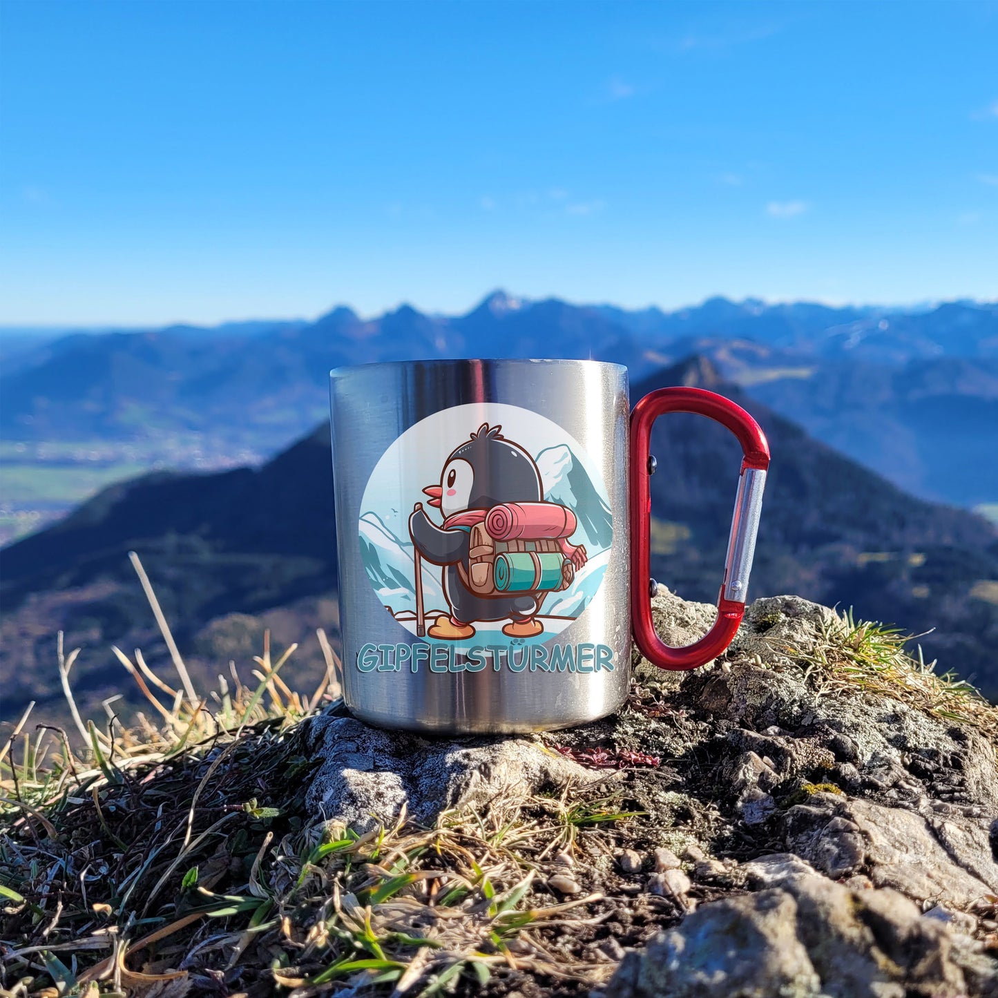 DekoAlm24 Tasse - Pingi Gipfelstürmer - Edelstahl mit Karabiner