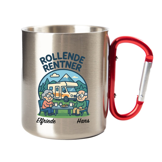 „Rollende Rentner“ Thermo-Tasse – Personalisierbarer Edelstahlbecher für Campingfreunde