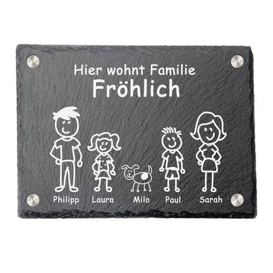 DekoAlm24 Türschild mit personalisierter Gravur - Schiefer - Hier wohnt Familie - Edelstahl Abstandhalter