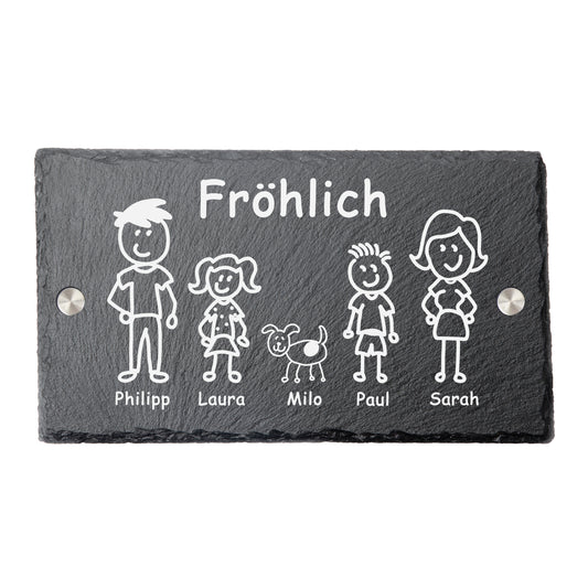 Türschild / Familien-Schild mit Abstandhalter | Schiefer-Natur-Stein | personalisiert | Strichmännchen | Comic Stil