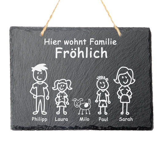 DekoAlm24 Türschild mit personalisierter Gravur - Schiefer - Hier wohnt Familie - mit Juteschnur