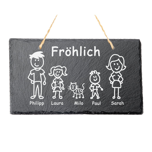Türschild / Familien-Schild mit Jute-Schnur | Schiefer-Natur-Stein | personalisiert | Strichmännchen | Comic Stil