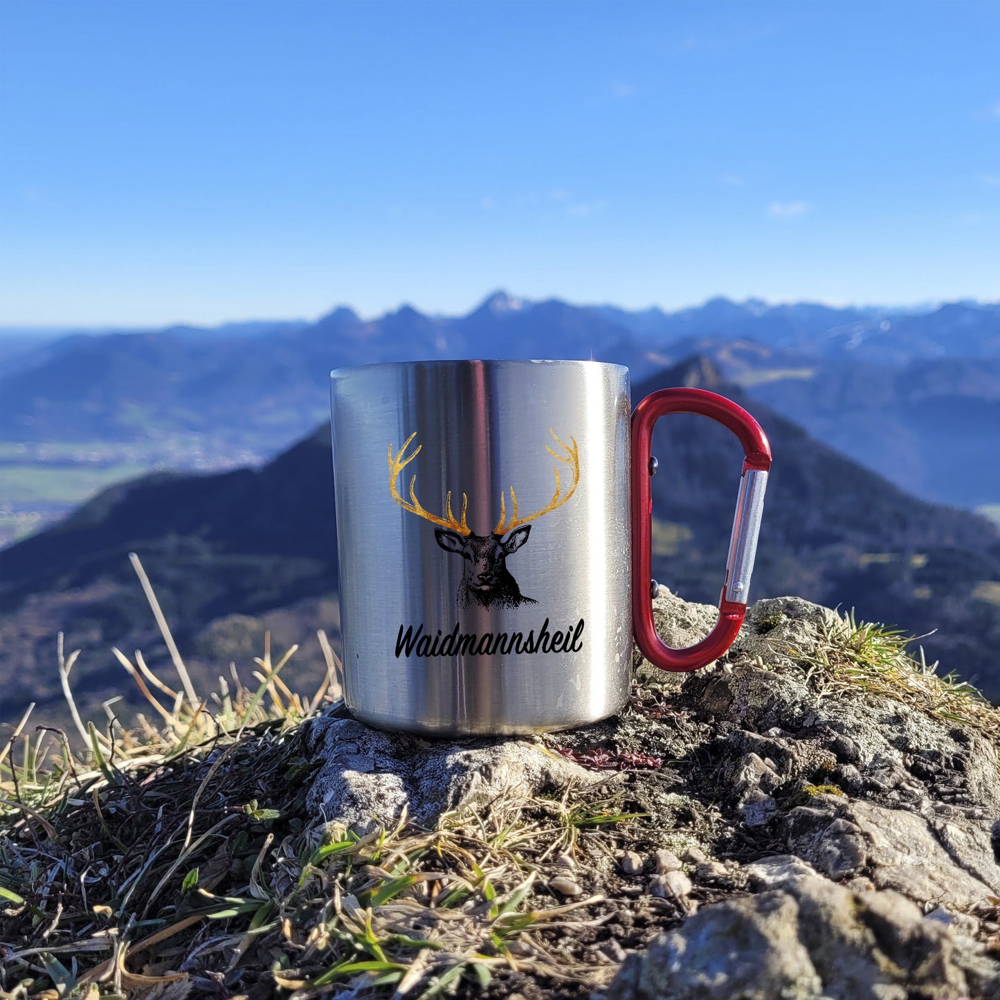 DekoAlm24 Tasse - Waidmannsheil - Edelstahl mit Karabiner