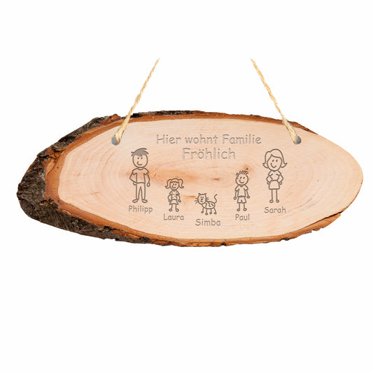 DekoAlm24 Türschild Baumscheibe Holz mit Rinde - Hier wohnt Familile - personalisiert