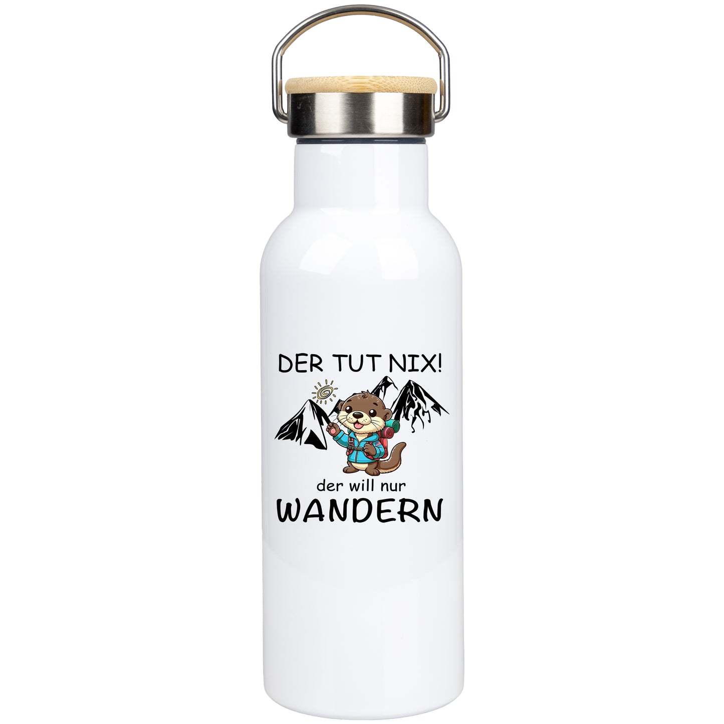 Edelstahl Trinkflasche 500ml mit Bambusdeckel | Wander-Otter "Der tut nix - der will nur wandern"