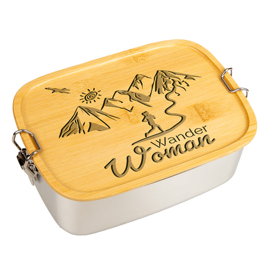 DekoAlm24 Brotdose | Lunchbox | Edelstahl mit Bambusdeckel - Wanderwoman