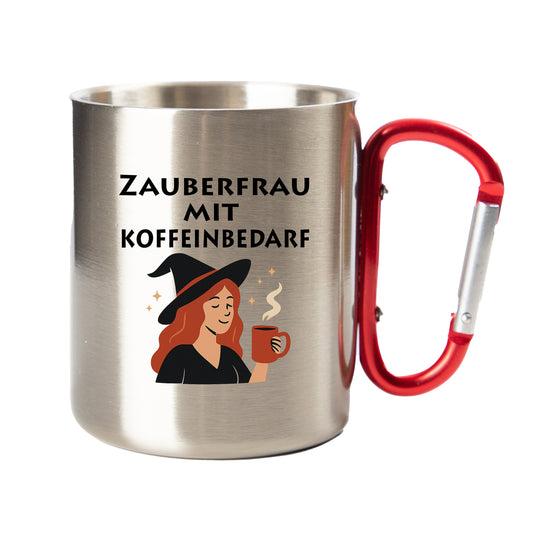 Edelstahl Tasse / Thermo Becher mit Karabiner | Zauberfrau mit Koffeinbedarf