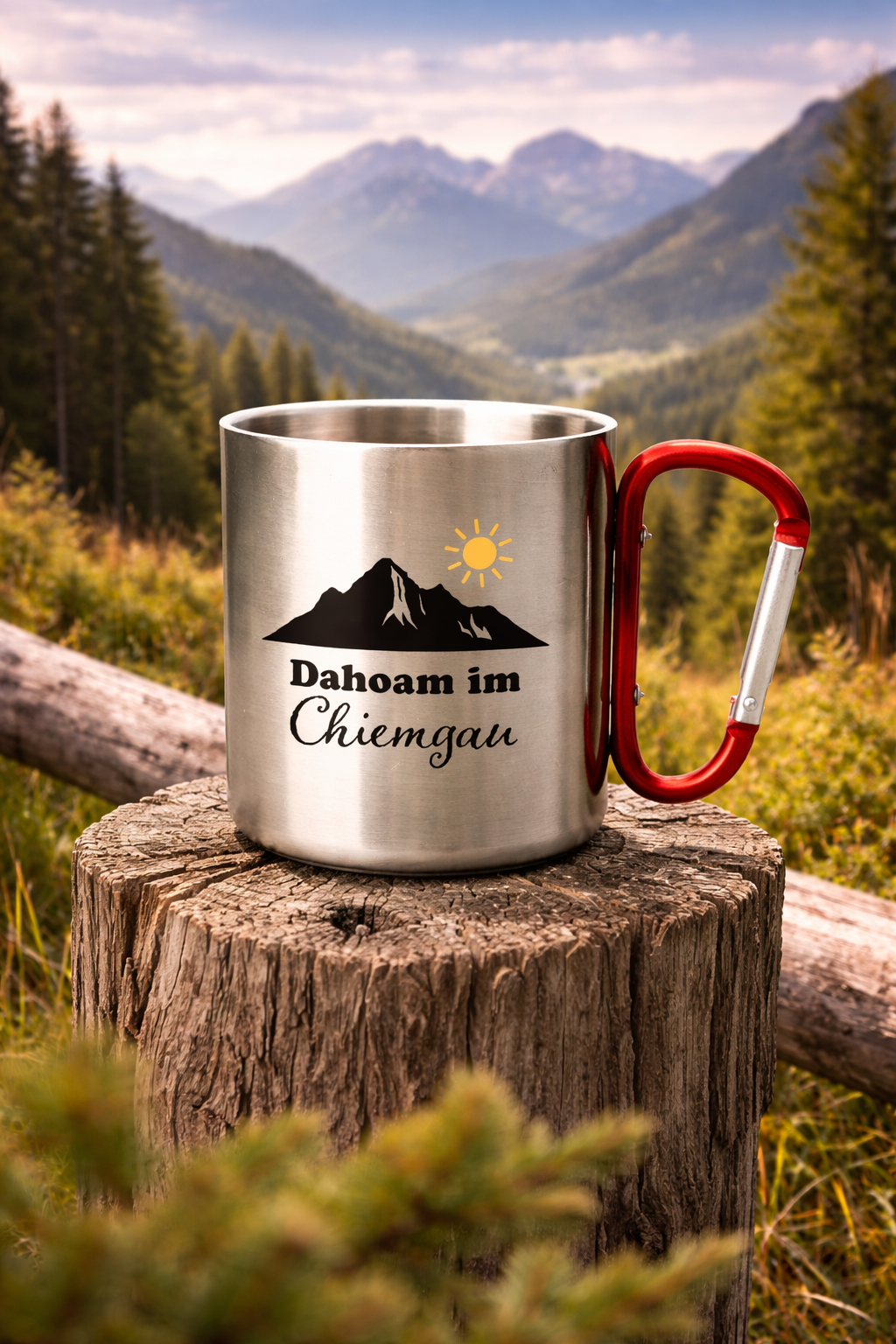 Edelstahl Thermobecher mit Karabiner – Dahoam im Chiemgau